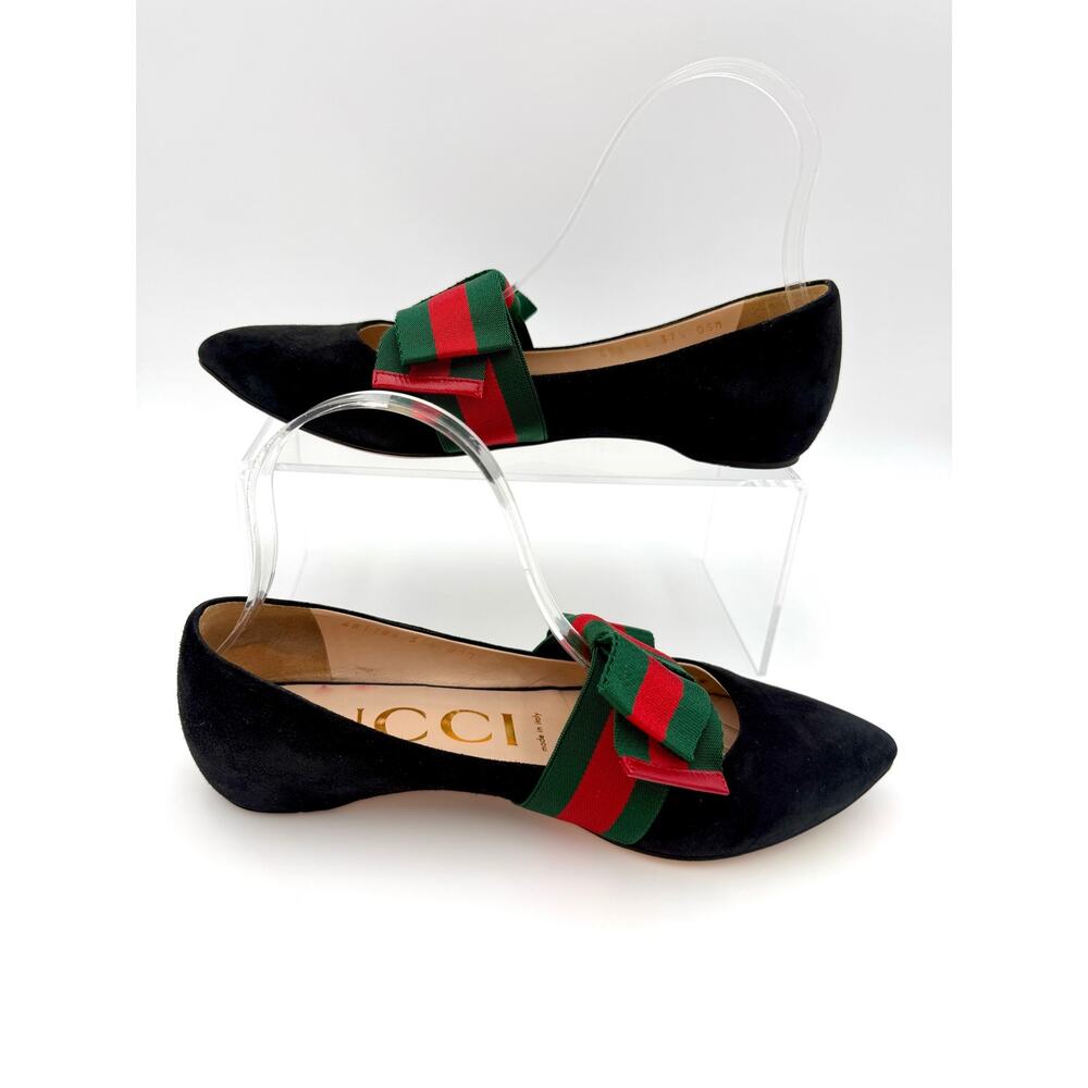 Gucci Web Stripe Sylvie Bow Ballet Flats Black Suede Size 37.5 / 7.5 Red Green - Picture 14 of 14